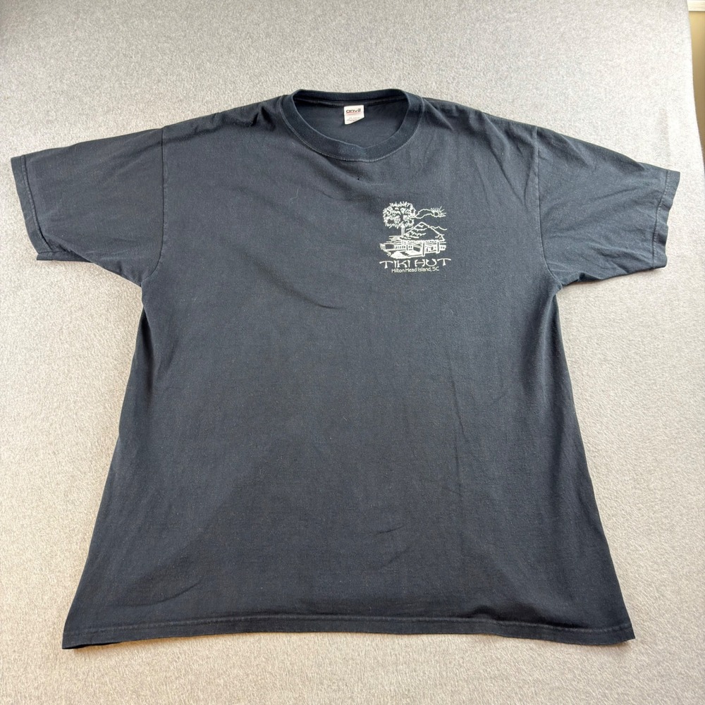 Tiki Hut Hilton Head Island SC Y2K Graphic T-Shirt Mens 2XL Anvil Black NOTE